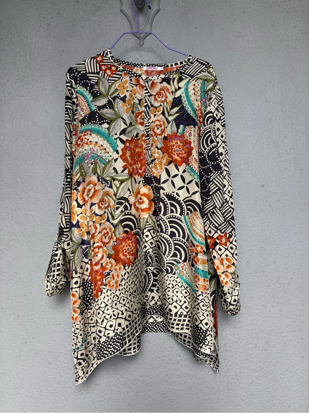 Johnny Was Black and Cream Floral Geometric Long-Sleeve Tunic